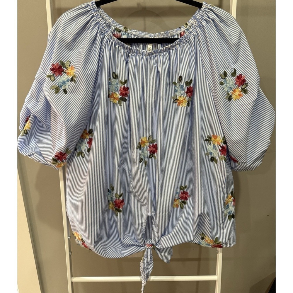 Mirror Image XL Blue White Striped Floral Embroidered Balloon Sleeve Blouse